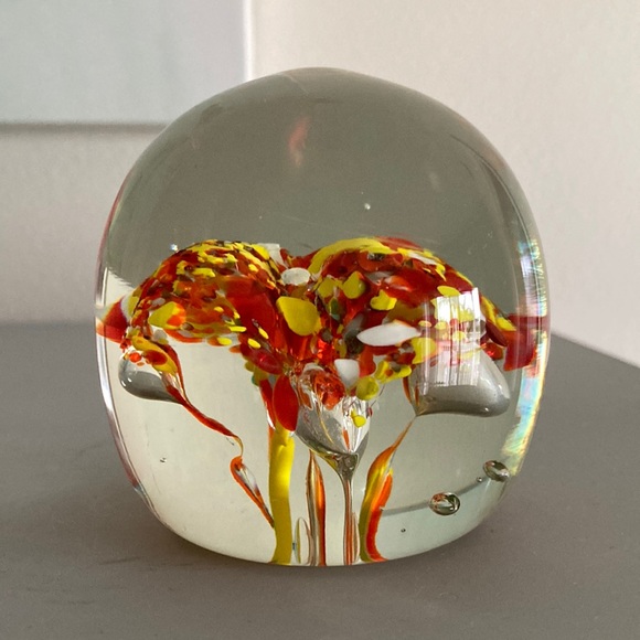 Large Vintage Glass Paperweight Hand Blown Floral Heavyweight 3 inch ball orange - Picture 2 of 9